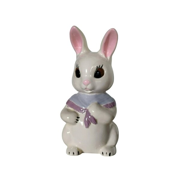 Ceramic Bunny Rabbit Figurine, Lavender Scarf & Pink Ears, Vintage Easter Decor - Picture 2 of 9